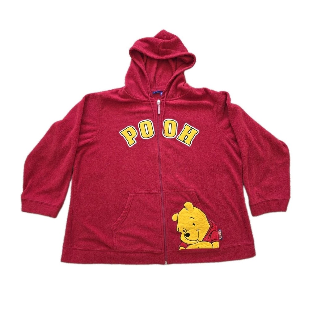 Disney Winnie The Pooh Hoodie Womens 2X Red Fleece Zip Up POOH Logo Y2K Vintage